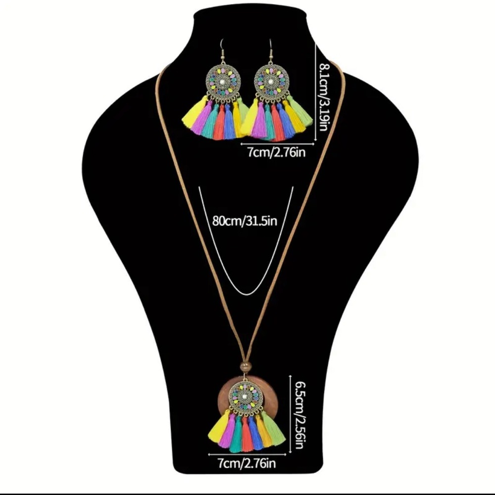932 ❤️ 3 Pc Bohemian Ethnic Tassel Necklace Earring Jewelry Boho Set - Picture 8 of 8